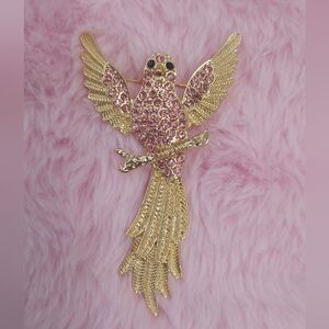 Sparkling Gold and Pink Bird Brooch